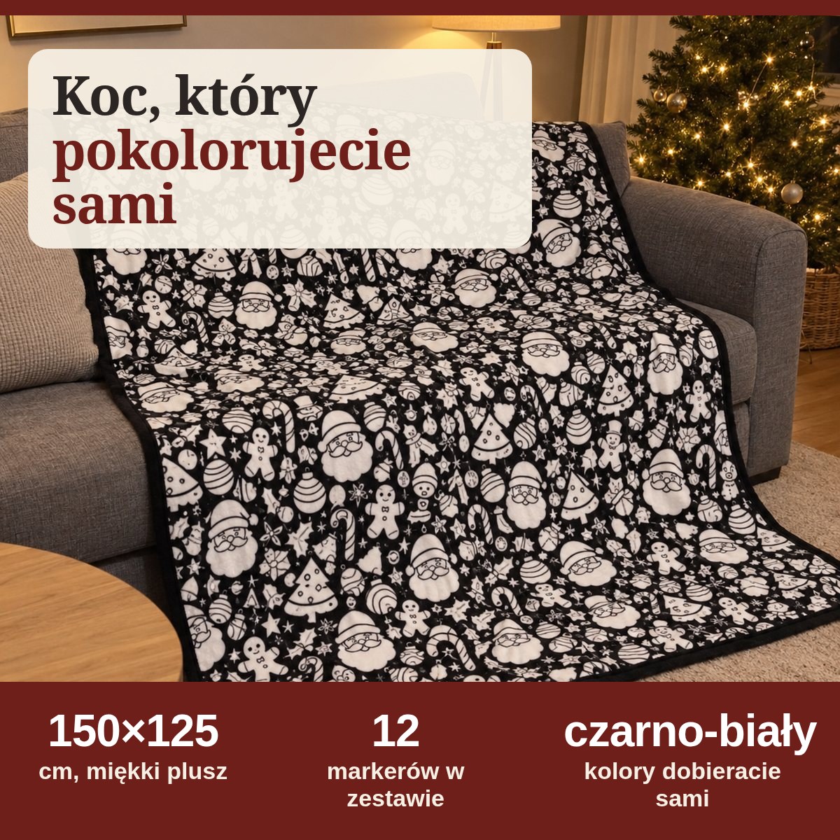 Koc, który pokolorujecie sami: 150 × 125 cm, 12 markerów, przychodzi czarno-biały
