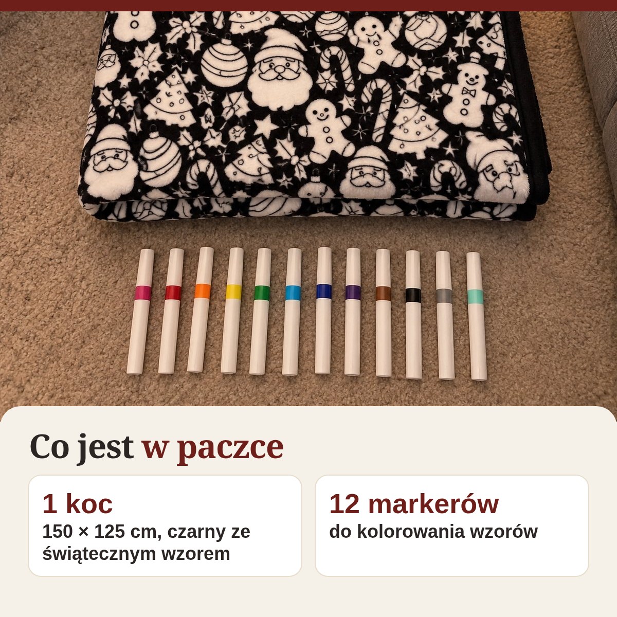 Co jest w paczce: koc 150 × 125 cm i 12 markerów