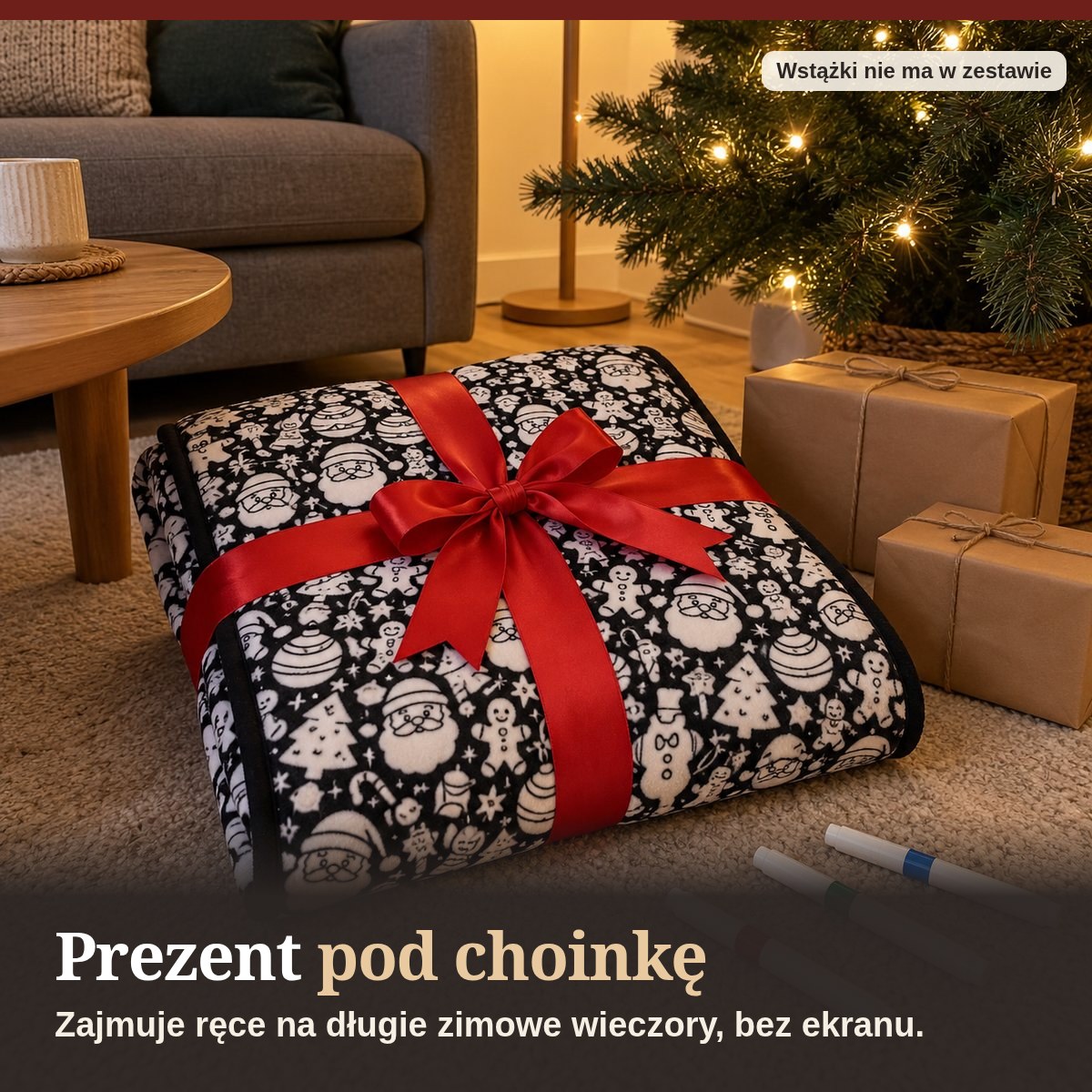 Prezent pod choinkę — koc przewiązany wstążką (wstążki nie ma w zestawie)